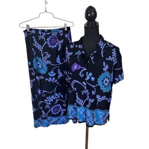 California Krush Womens Skirt Set Button Up Blouse Rayon Large Vtg 90s Black